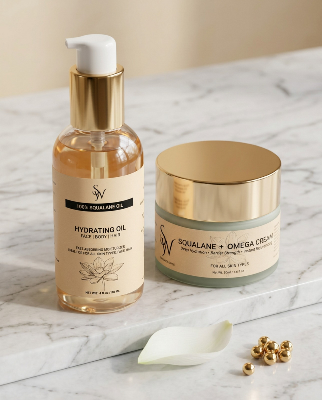 SWAG WORLDWIDE 100% Pure Squalane Oil &amp; Squalane + Omega Cream - Complete Hydration Skincare Set