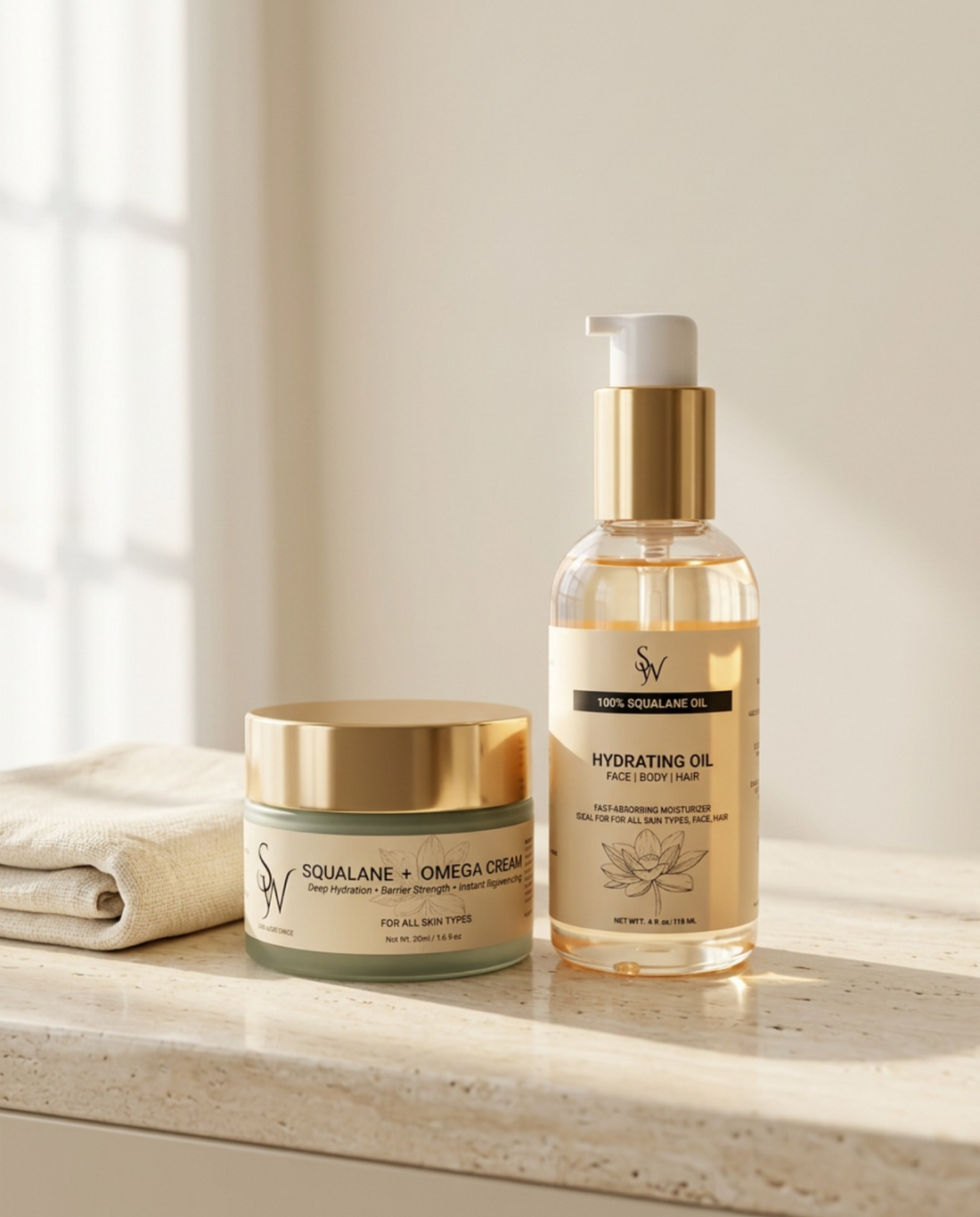 SWAG WORLDWIDE 100% Pure Squalane Oil &amp; Squalane + Omega Cream - Complete Hydration Skincare Set